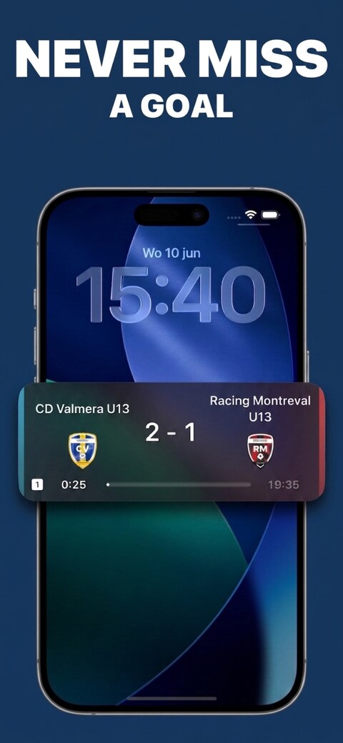 App Store screenshot titled “Never miss a goal”: the live score and match clock shown on the iPhone Lock Screen