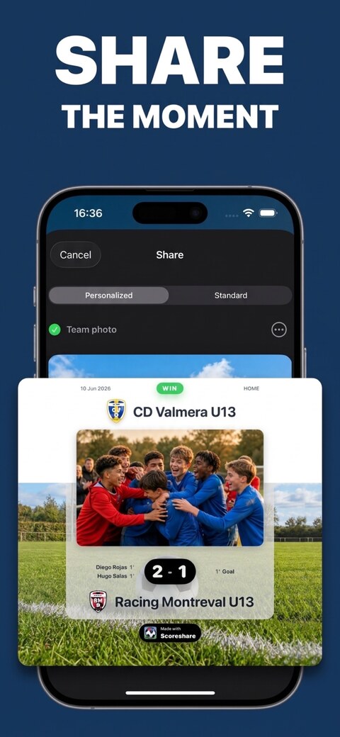 App Store screenshot titled “Share the moment”: sharing a live ScoreShare game so family and teammates can follow along