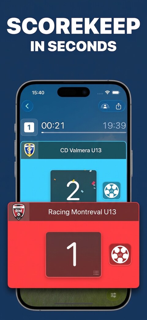 App Store screenshot titled “Scorekeep in seconds”: the ScoreShare match screen with running clock and one-tap goal buttons for both teams
