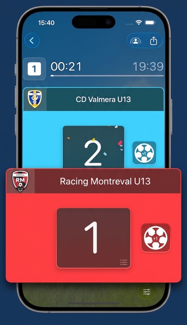 ScoreShare scorekeeping screen on an iPhone: match clock running and team score cards for two youth teams, with one-tap goal buttons